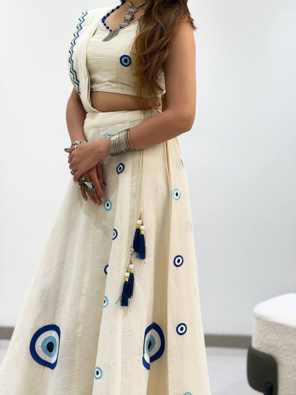 Off-White Cora Cotton Embroidered Lehenga Choli, view 6
