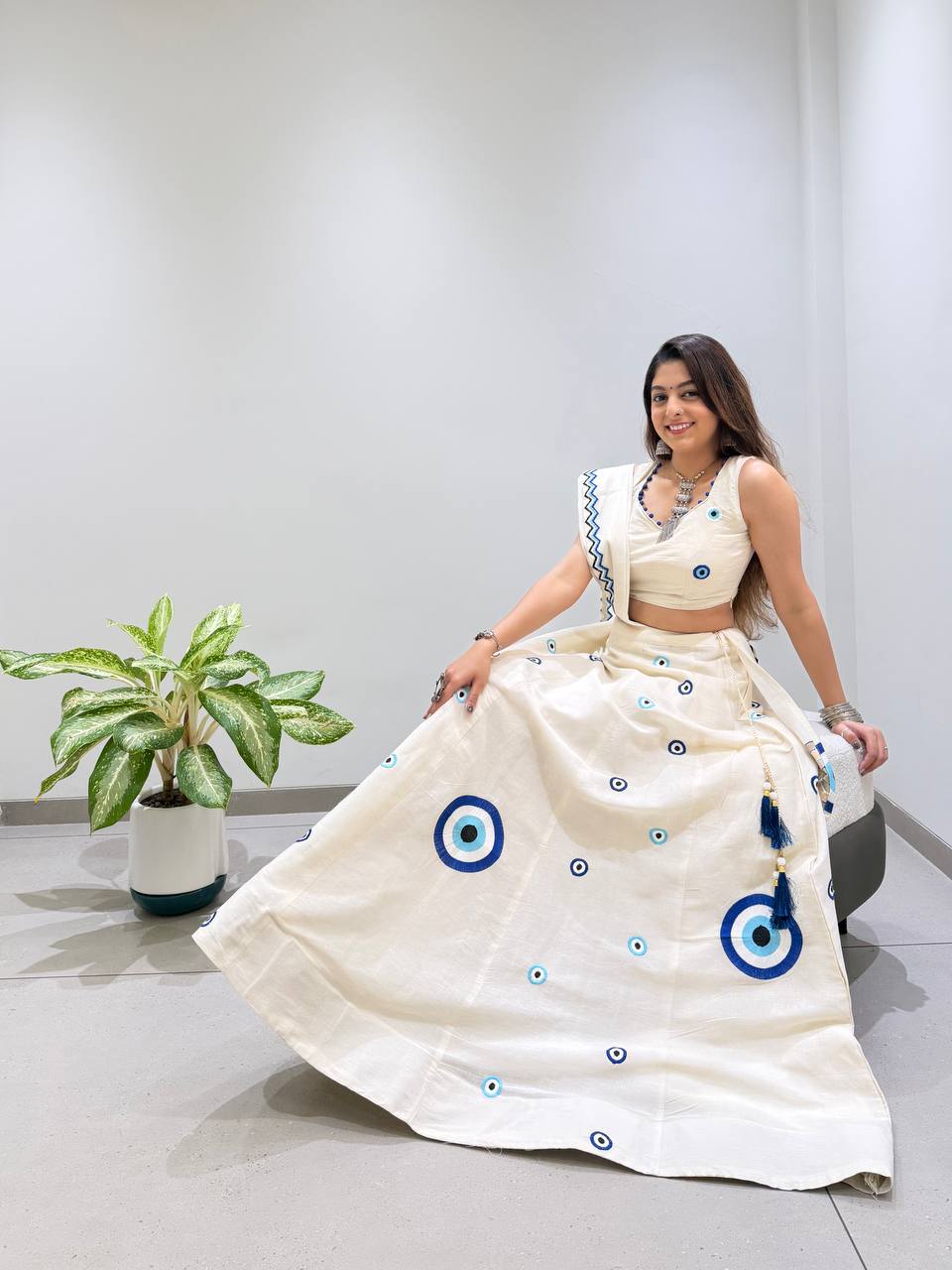 Off-White Cora Cotton Embroidered Lehenga Choli, view 7