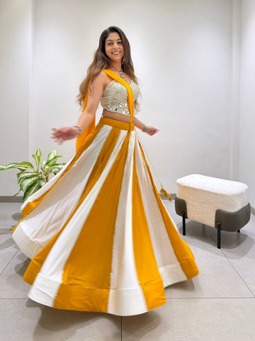 Yellow and White Rayon Mirror Work Lehenga Choli