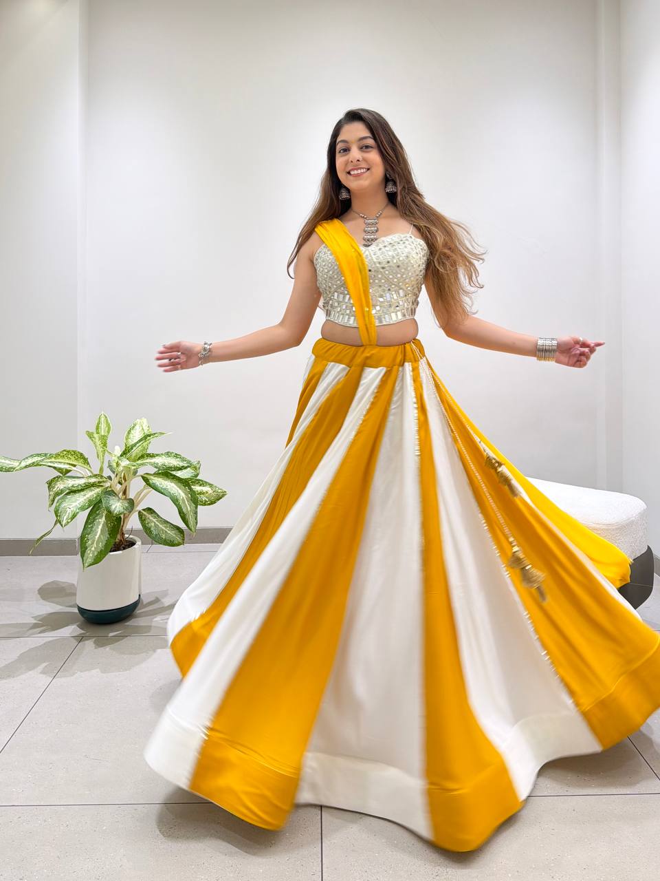 Yellow and White Rayon Mirror Work Lehenga Choli, view 2