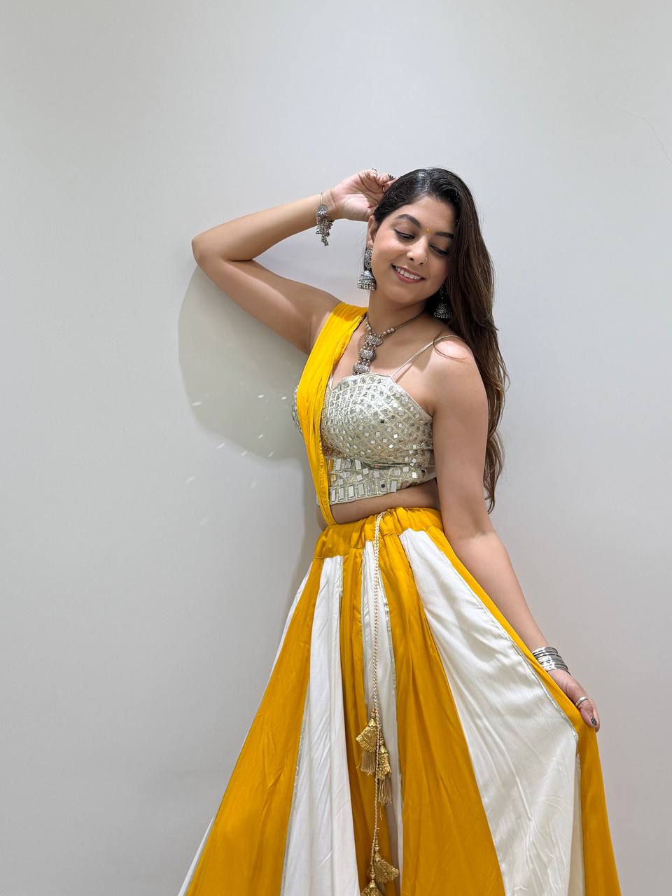 Yellow and White Rayon Mirror Work Lehenga Choli, view 3