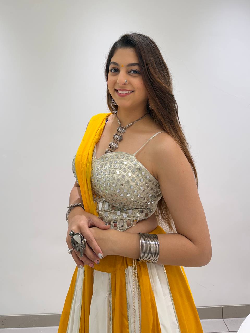 Yellow and White Rayon Mirror Work Lehenga Choli, view 4