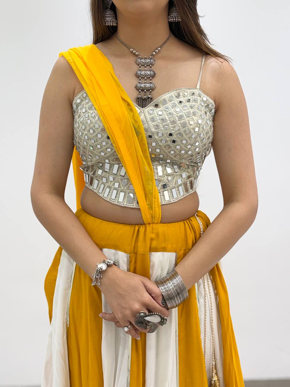 Yellow and White Rayon Mirror Work Lehenga Choli, view 5