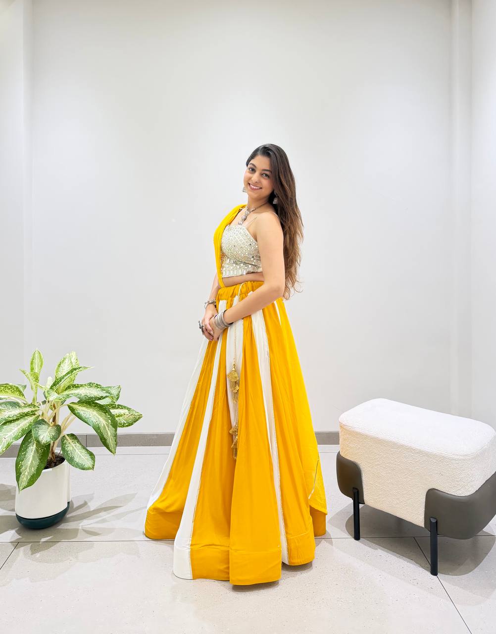 Yellow and White Rayon Mirror Work Lehenga Choli, view 6