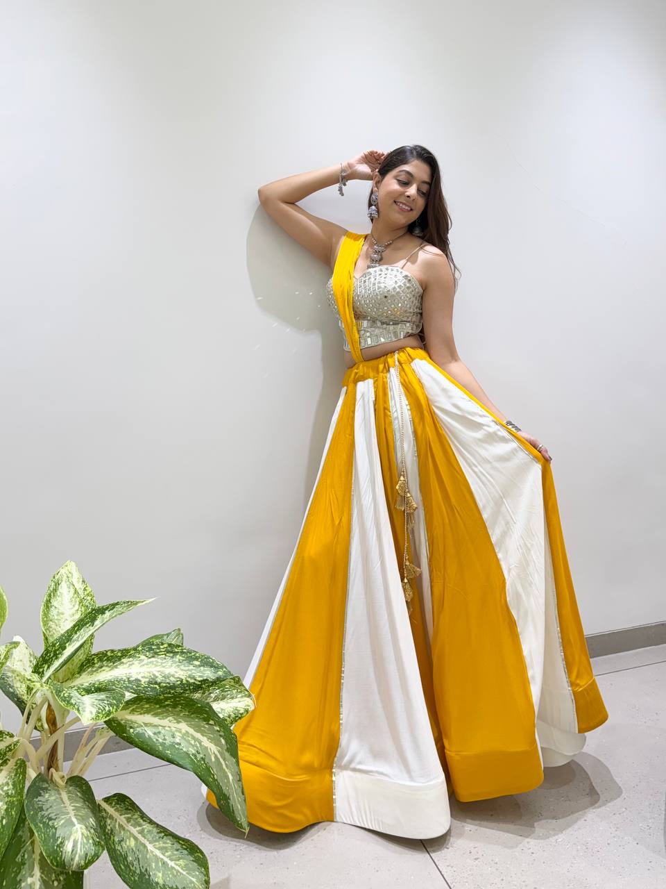 Yellow and White Rayon Mirror Work Lehenga Choli, view 7