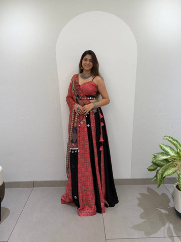 Red and Black Printed Rayon Mirror Work Lehenga Choli