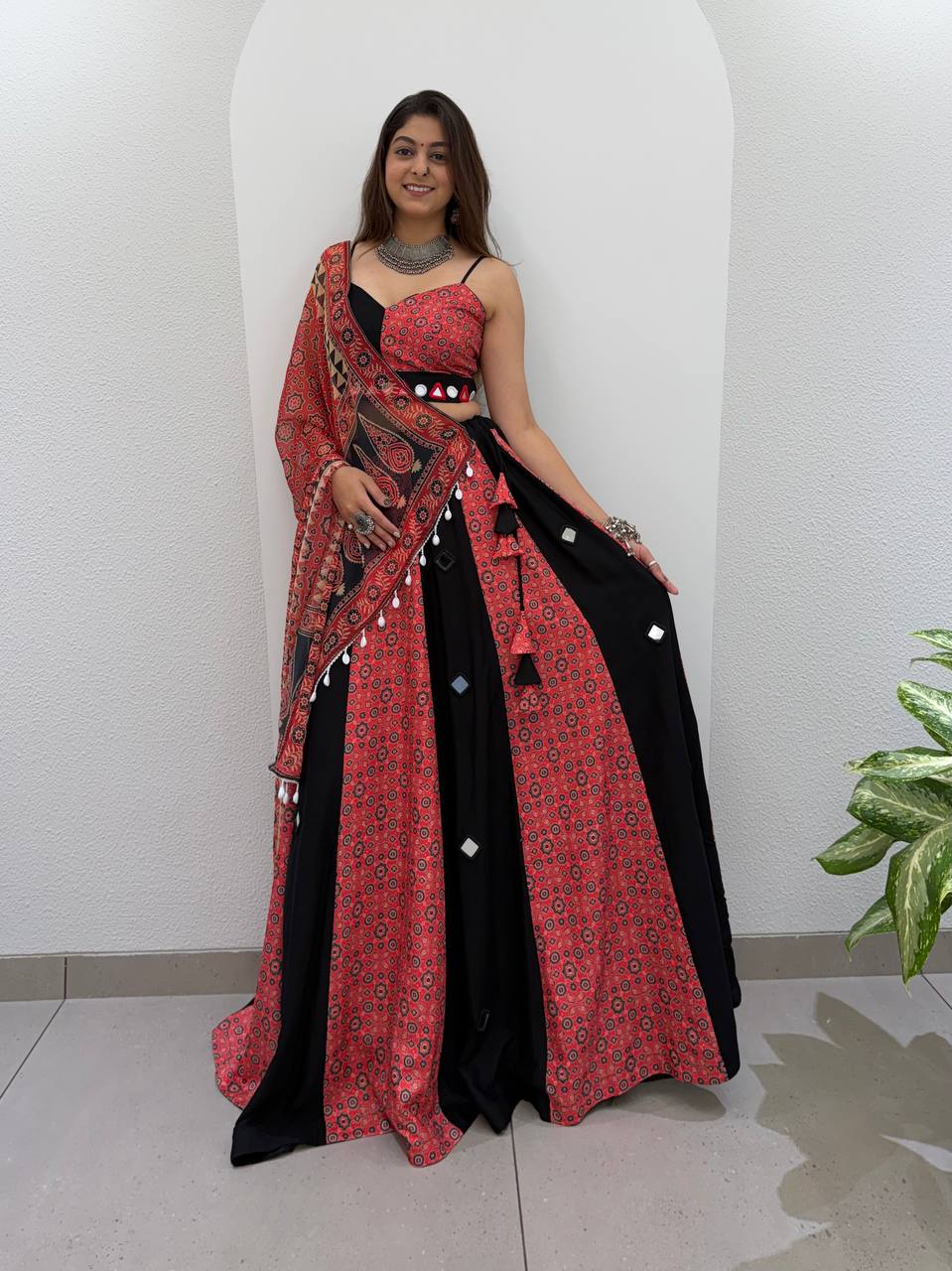 Red and Black Printed Rayon Mirror Work Lehenga Choli, view 2