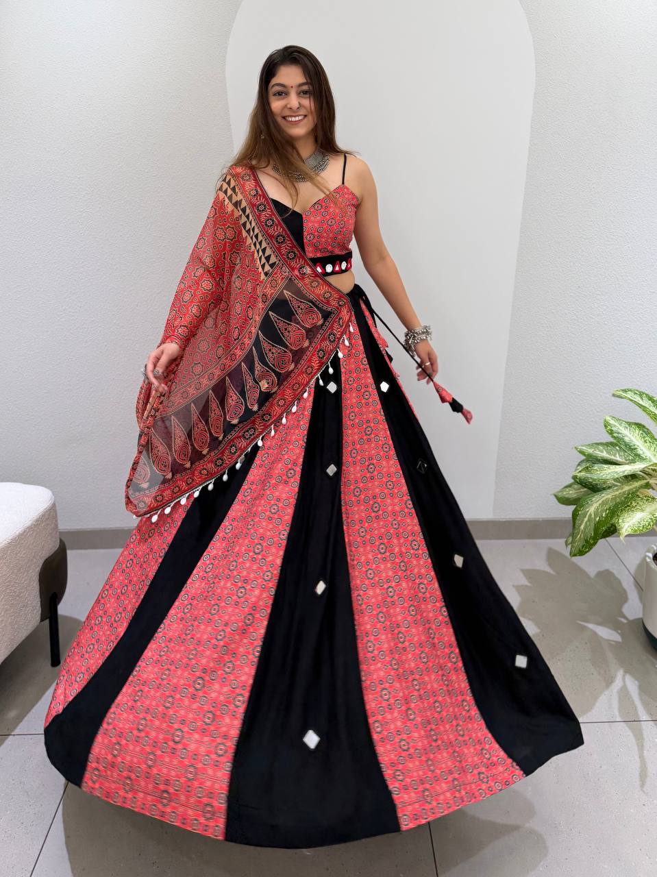 Red and Black Printed Rayon Mirror Work Lehenga Choli, view 3