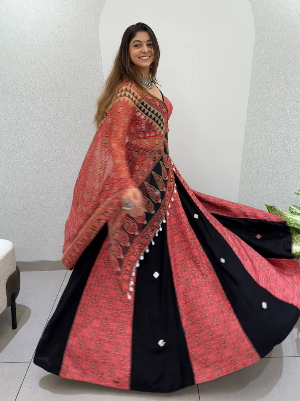 Red and Black Printed Rayon Mirror Work Lehenga Choli, view 4