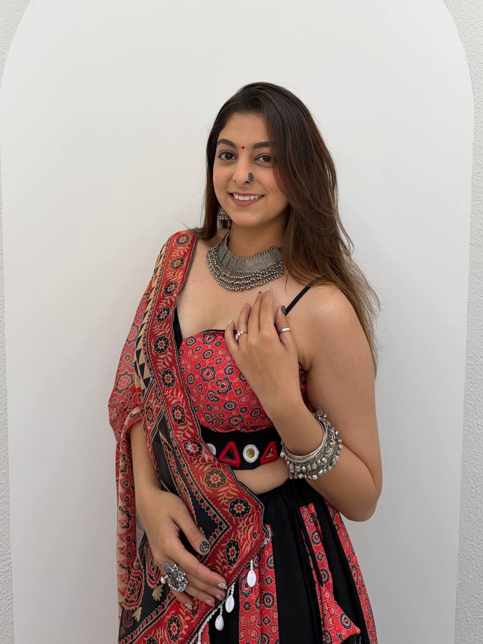 Red and Black Printed Rayon Mirror Work Lehenga Choli, view 5