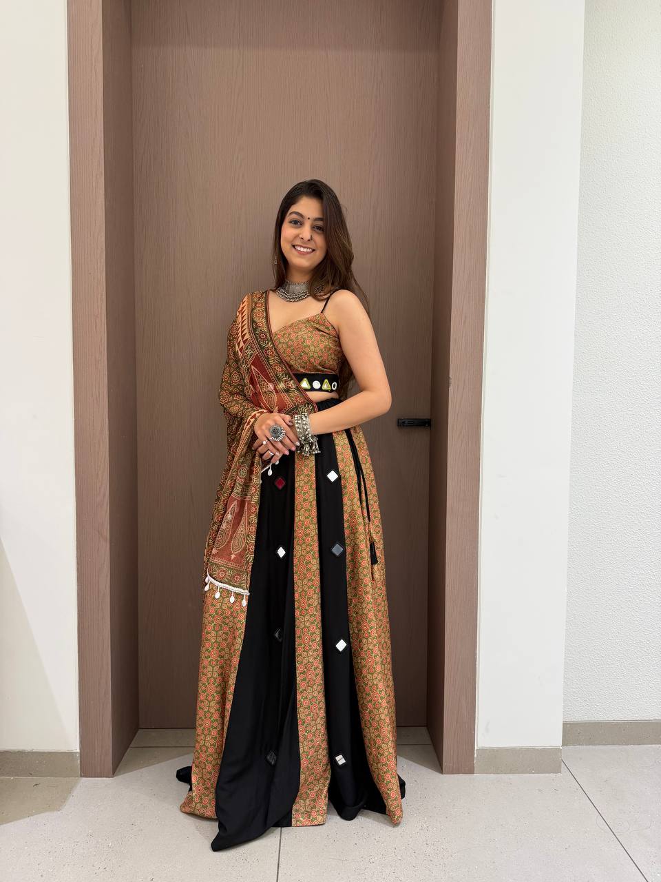 Beige and Black Printed Rayon Mirror Work Lehenga Choli