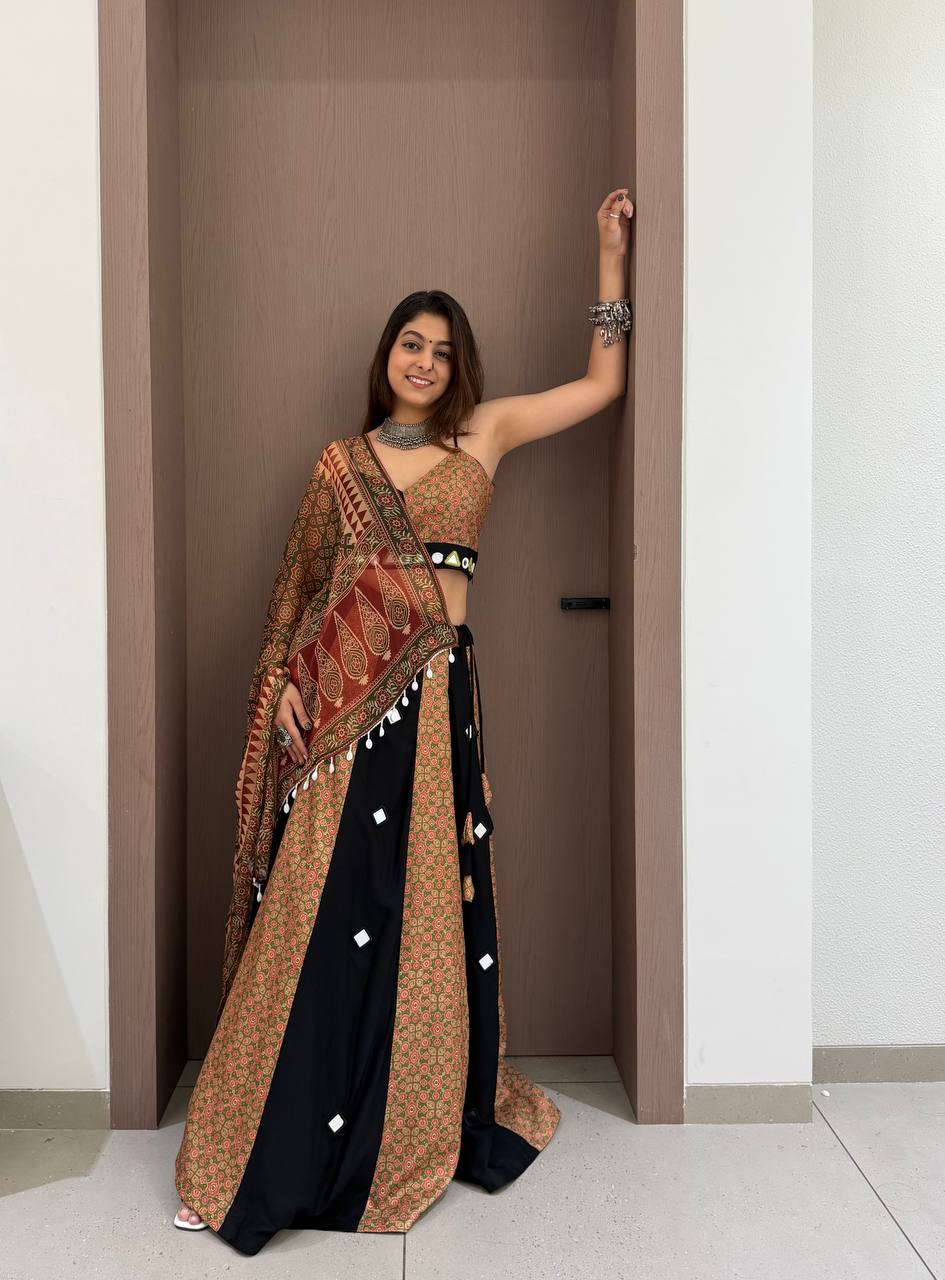 Beige and Black Printed Rayon Mirror Work Lehenga Choli, view 2