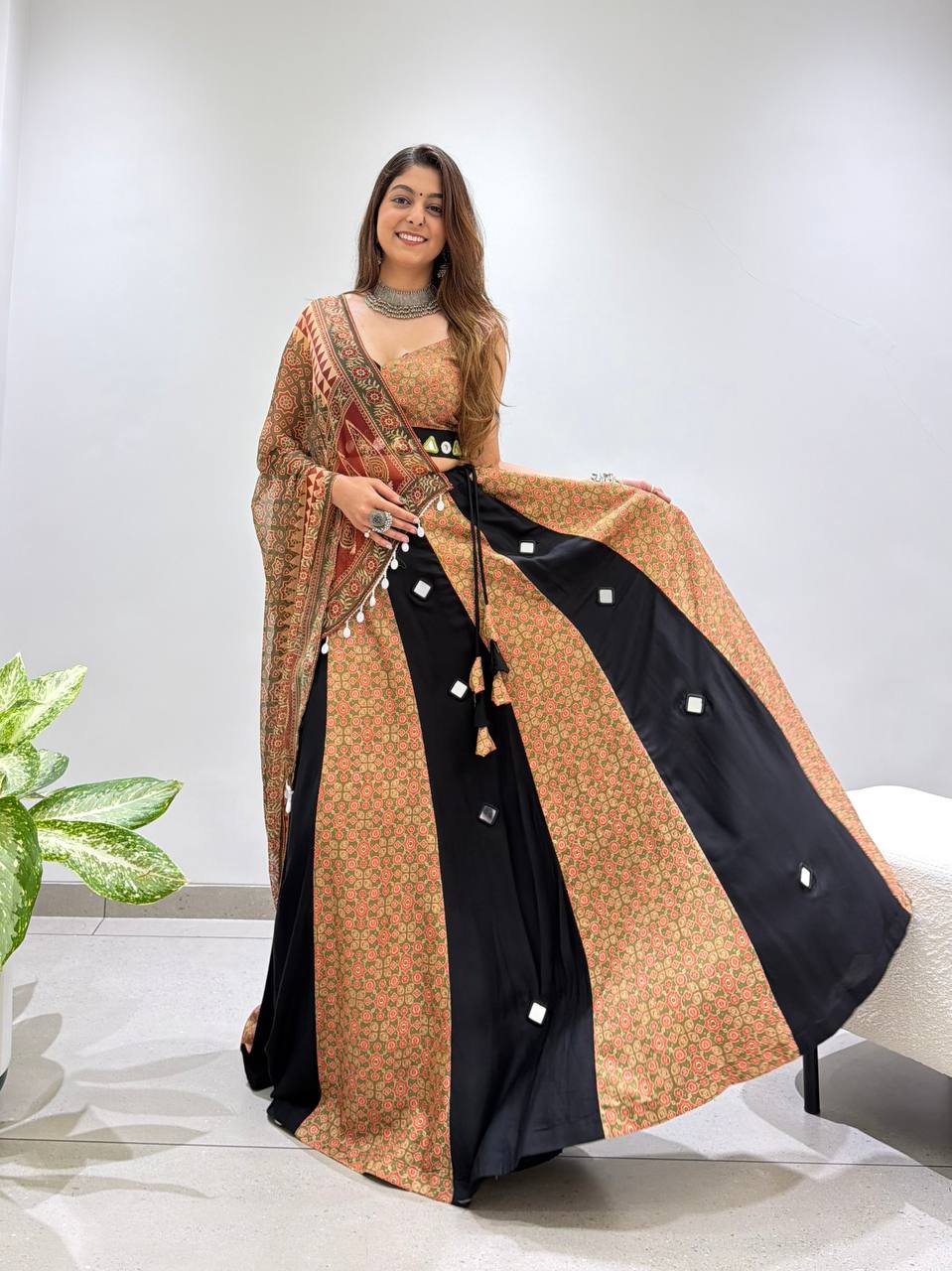 Beige and Black Printed Rayon Mirror Work Lehenga Choli, view 3