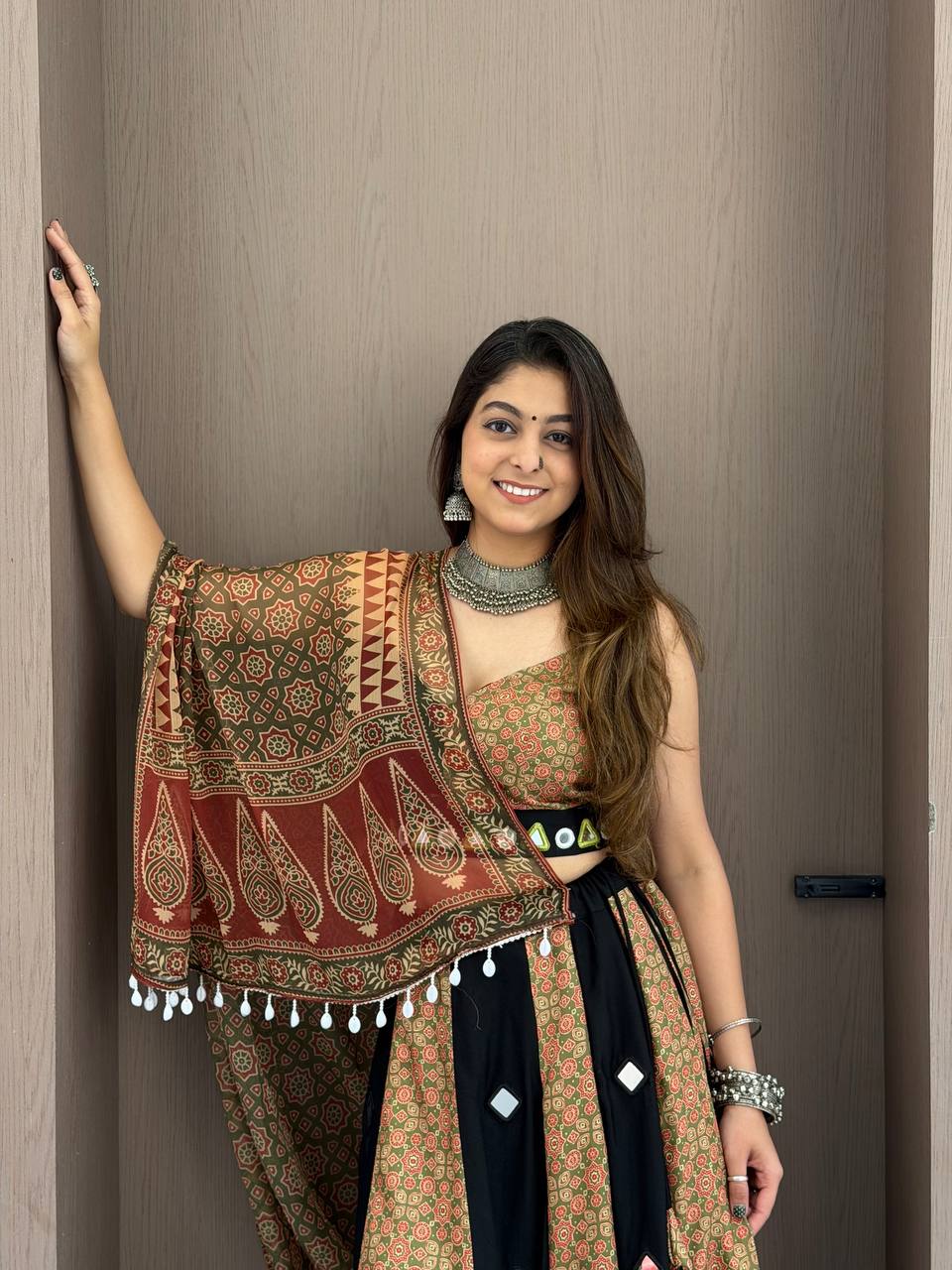Beige and Black Printed Rayon Mirror Work Lehenga Choli, view 4