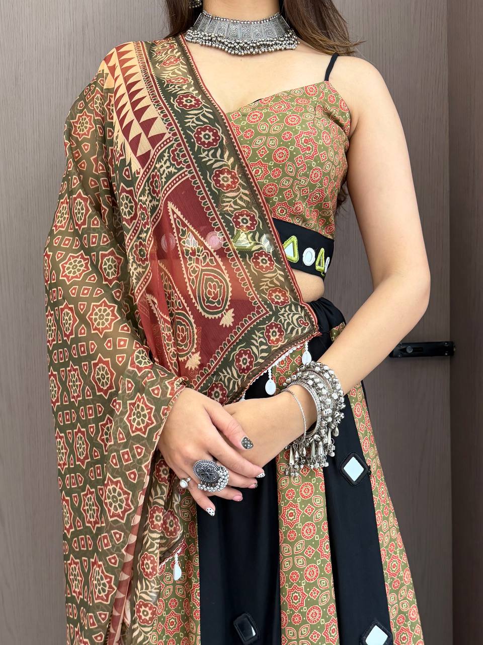Beige and Black Printed Rayon Mirror Work Lehenga Choli, view 5