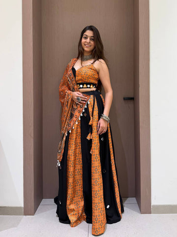 Orange and Black Printed Rayon Mirror Work Lehenga Choli