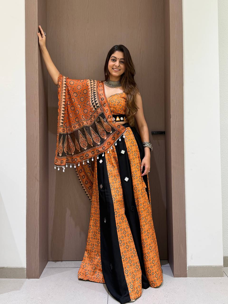 Orange and Black Printed Rayon Mirror Work Lehenga Choli, view 2