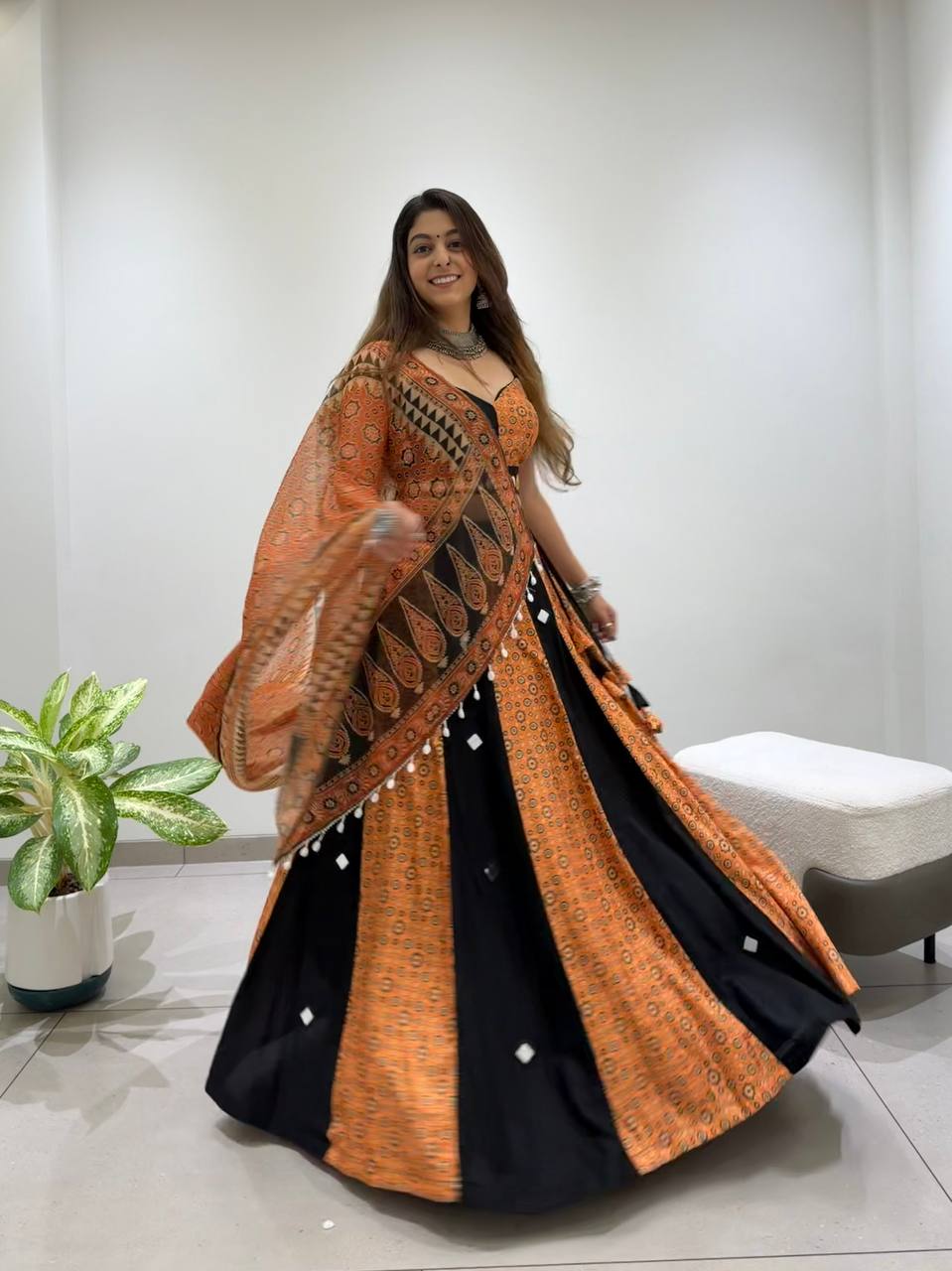 Orange and Black Printed Rayon Mirror Work Lehenga Choli, view 3