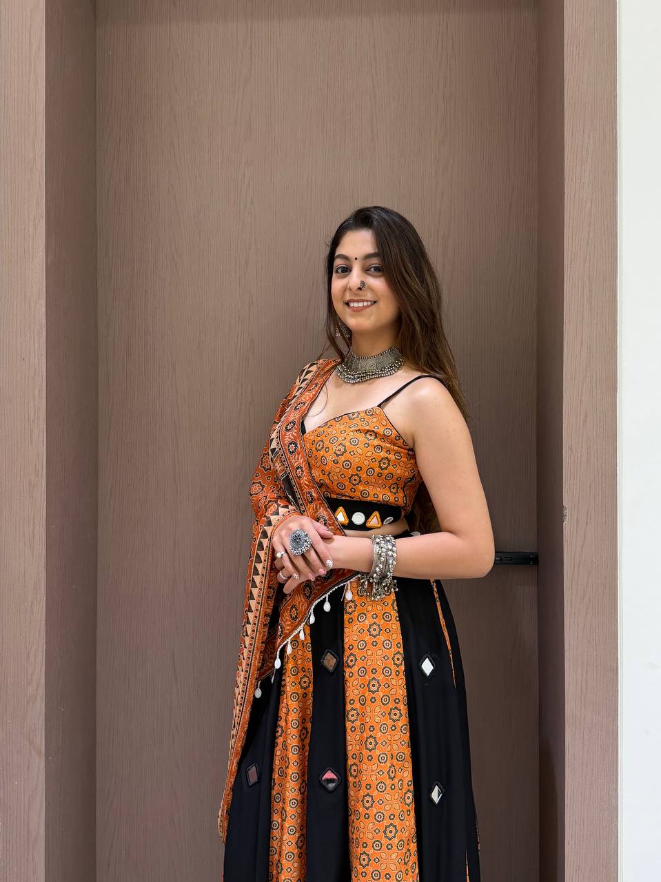 Orange and Black Printed Rayon Mirror Work Lehenga Choli, view 4