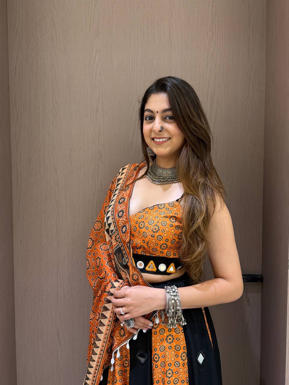 Orange and Black Printed Rayon Mirror Work Lehenga Choli, view 5
