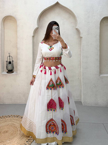 Off-White Organza Mirror Work Lehenga Choli