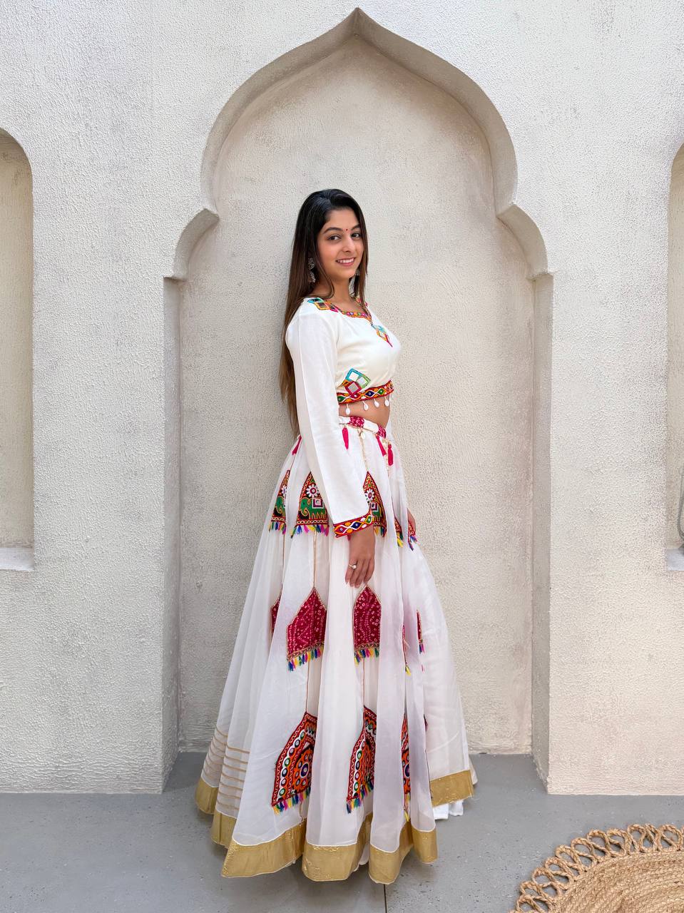 Off-White Organza Mirror Work Lehenga Choli, view 2