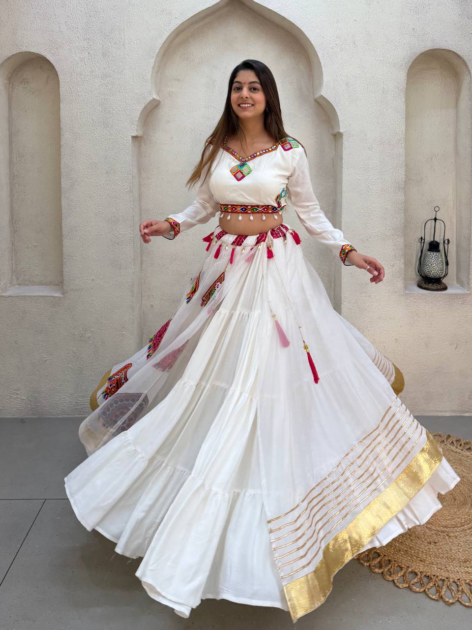 Off-White Organza Mirror Work Lehenga Choli, view 3