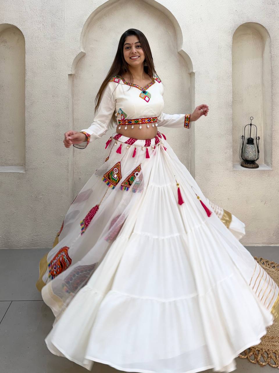 Off-White Organza Mirror Work Lehenga Choli, view 4