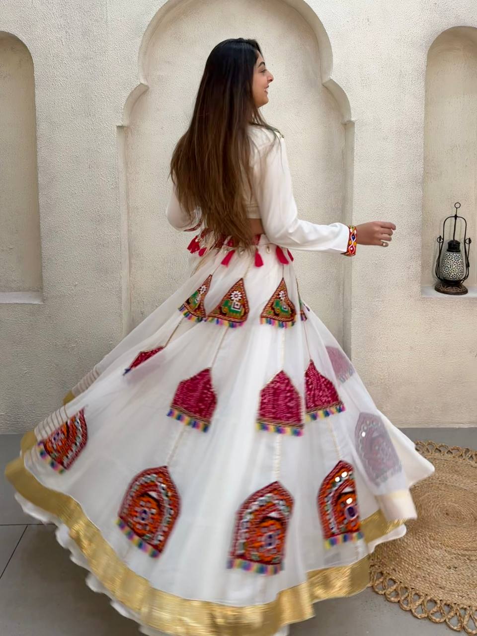 Off-White Organza Mirror Work Lehenga Choli, view 5