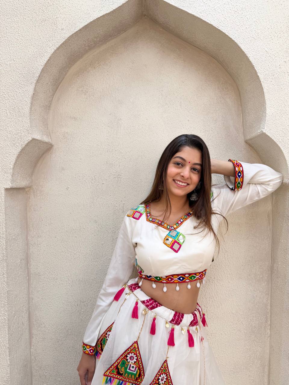 Off-White Organza Mirror Work Lehenga Choli, view 7