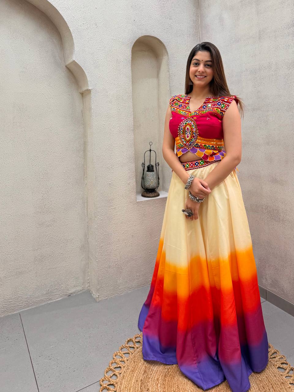 Off-White and Multicolour Cotton Mirror Work Lehenga Choli