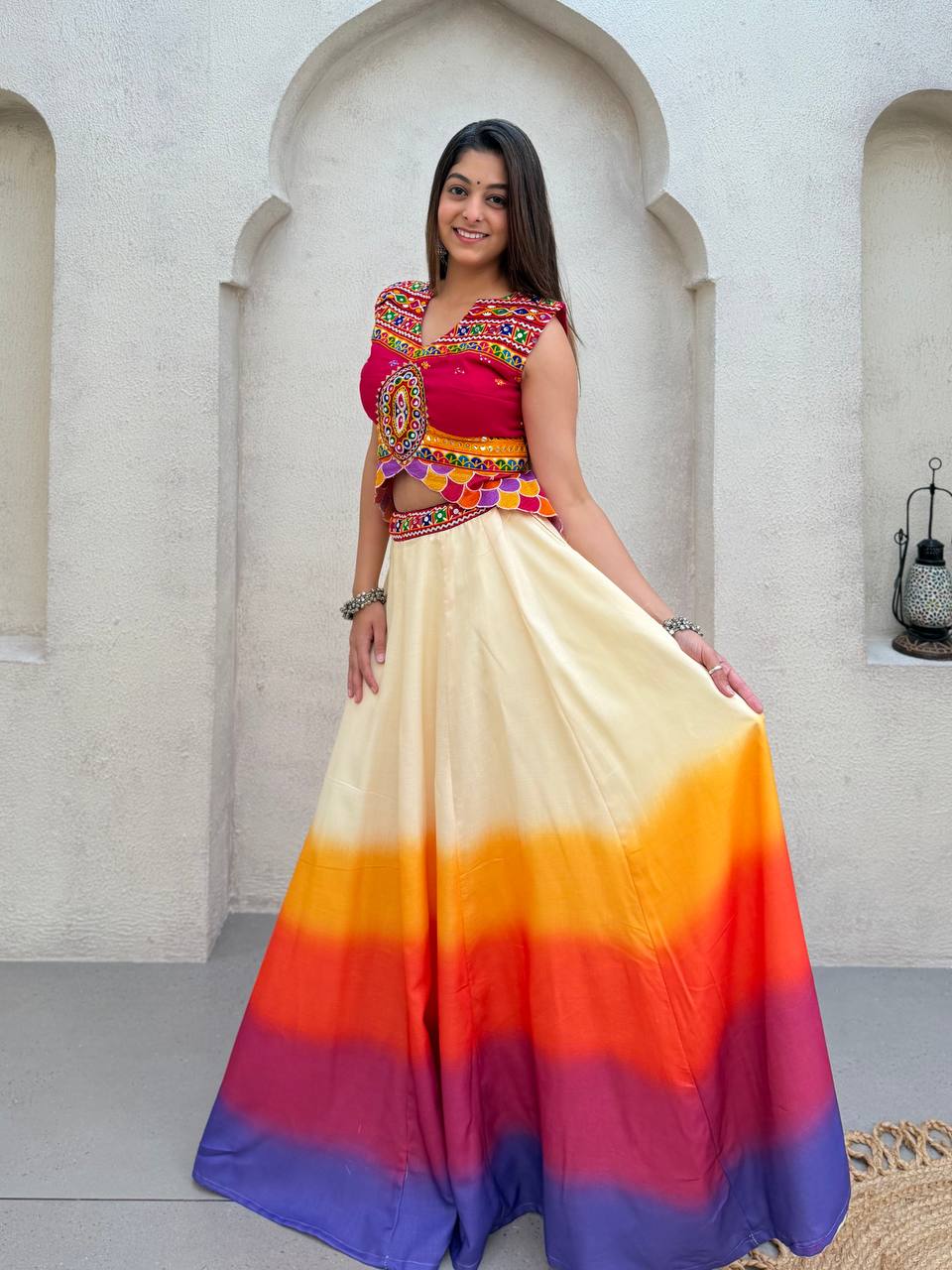 Off-White and Multicolour Cotton Mirror Work Lehenga Choli, view 2