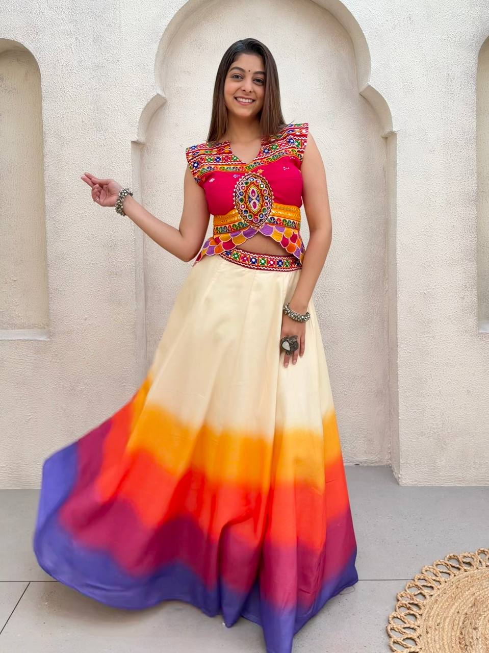 Off-White and Multicolour Cotton Mirror Work Lehenga Choli, view 3
