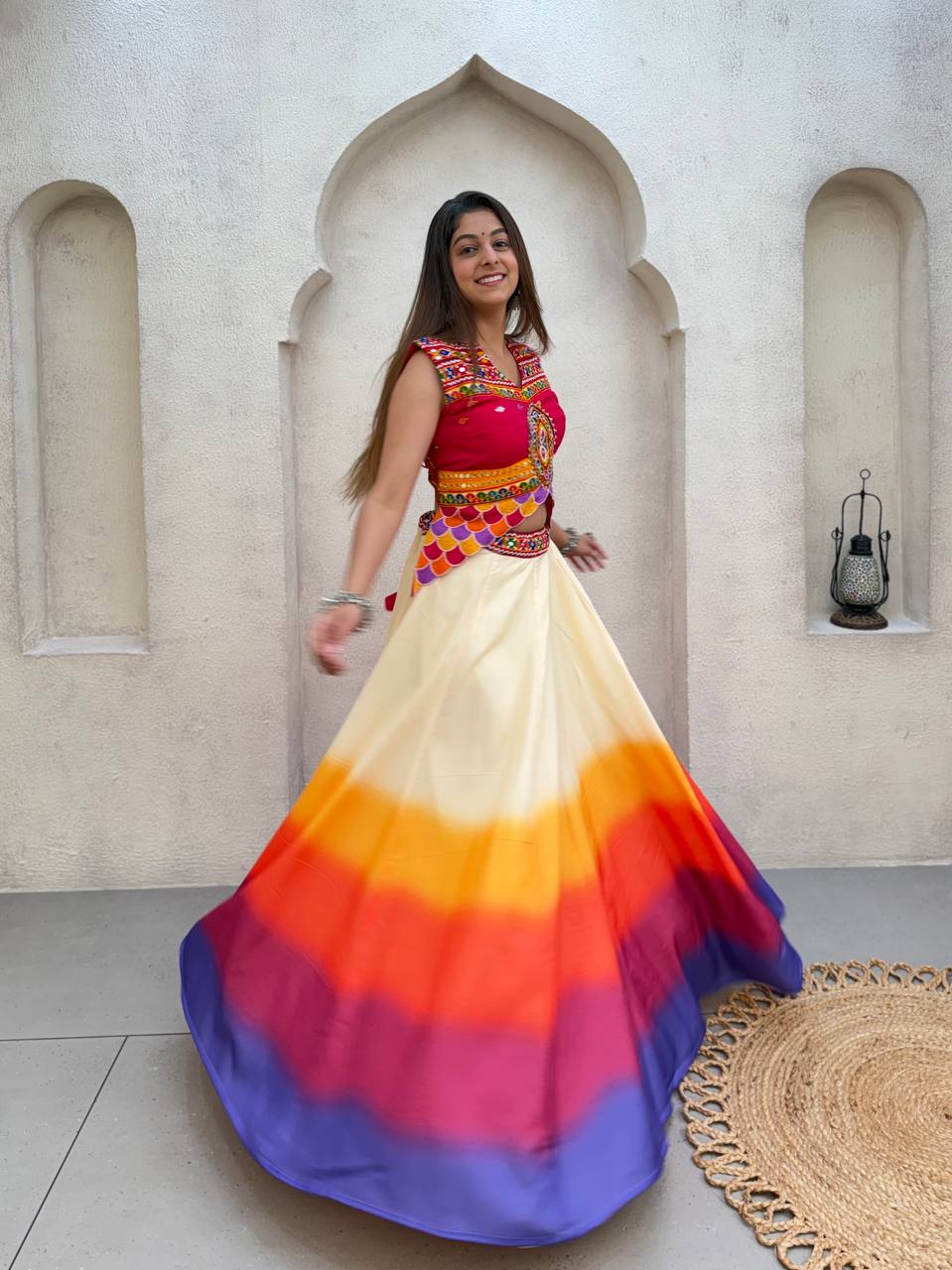 Off-White and Multicolour Cotton Mirror Work Lehenga Choli, view 4