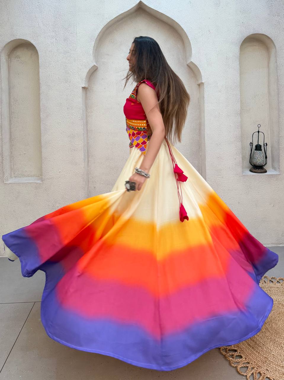 Off-White and Multicolour Cotton Mirror Work Lehenga Choli, view 5