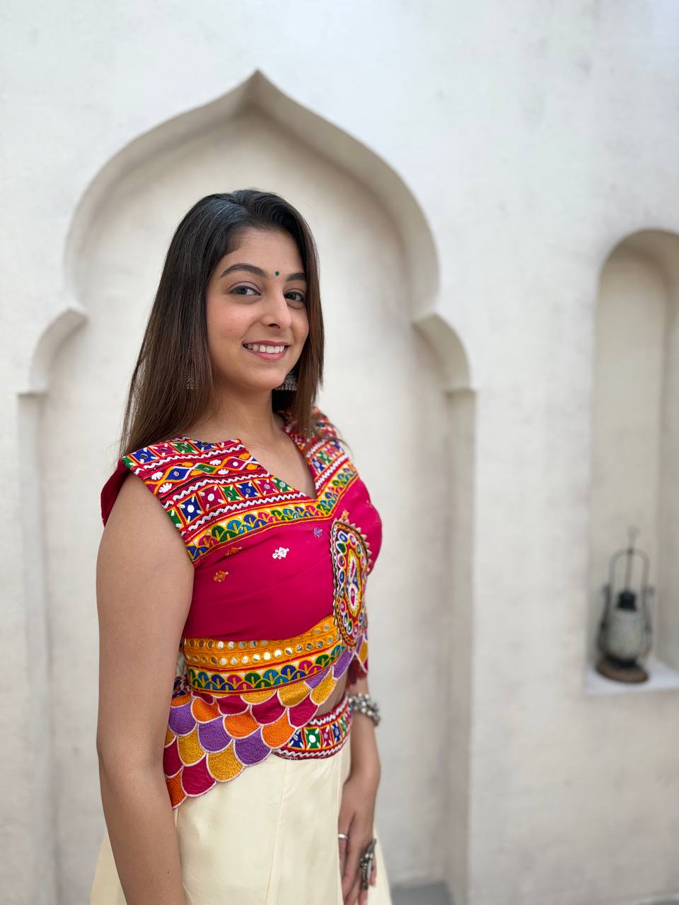 Off-White and Multicolour Cotton Mirror Work Lehenga Choli, view 6