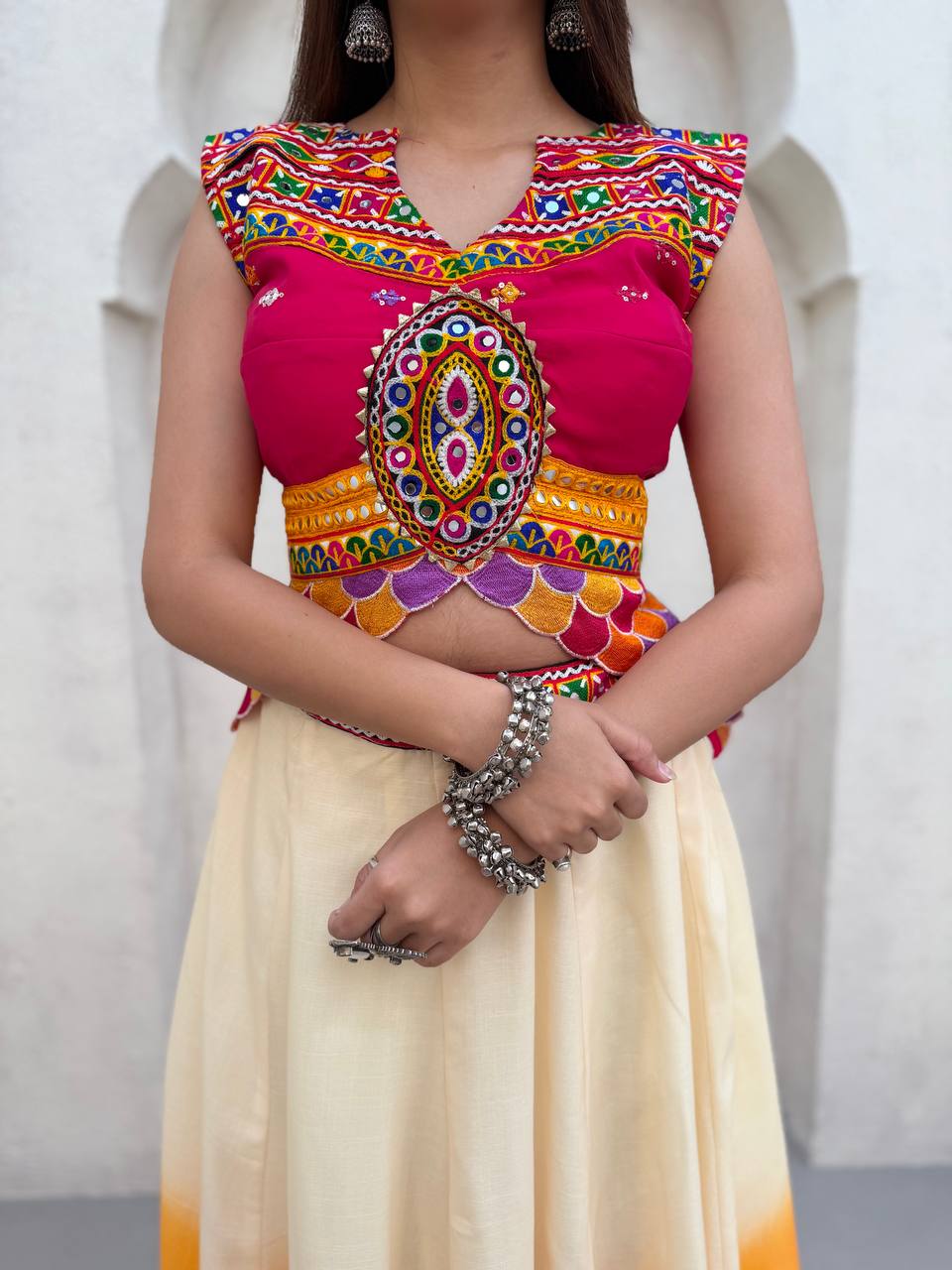 Off-White and Multicolour Cotton Mirror Work Lehenga Choli, view 8