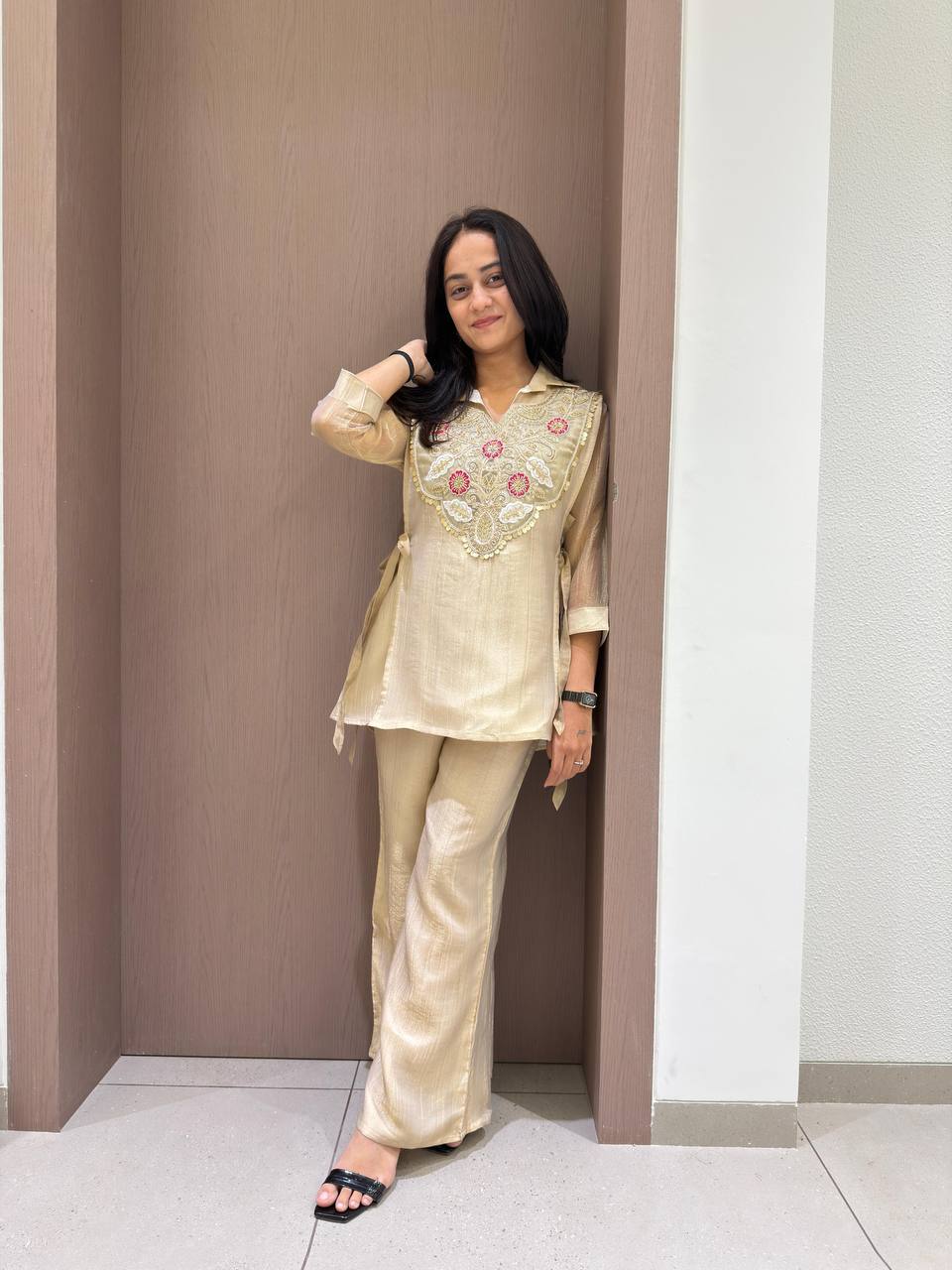 Beige Salsa Silk Sequin Co-ord Set