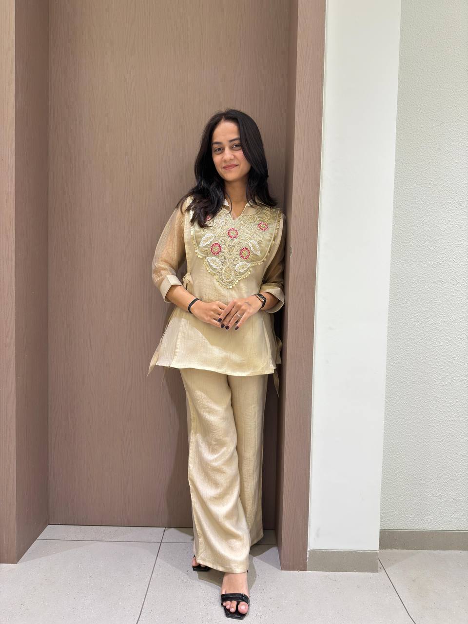 Beige Salsa Silk Sequin Co-ord Set, view 2