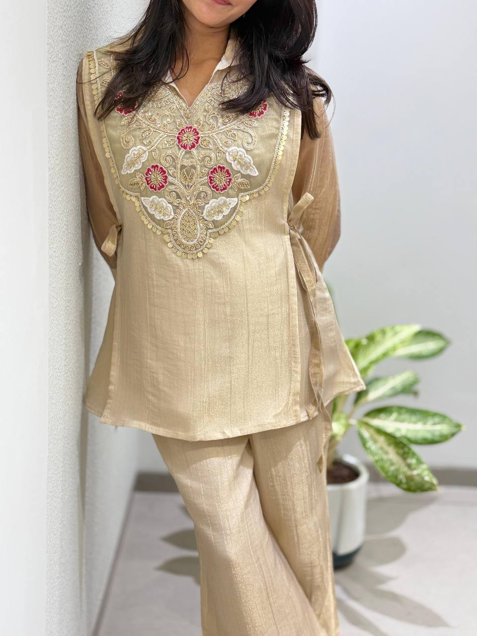 Beige Salsa Silk Sequin Co-ord Set, view 3