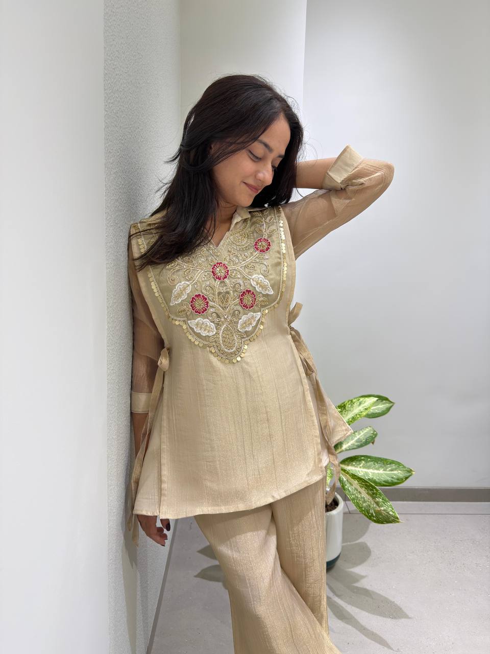 Beige Salsa Silk Sequin Co-ord Set, view 4