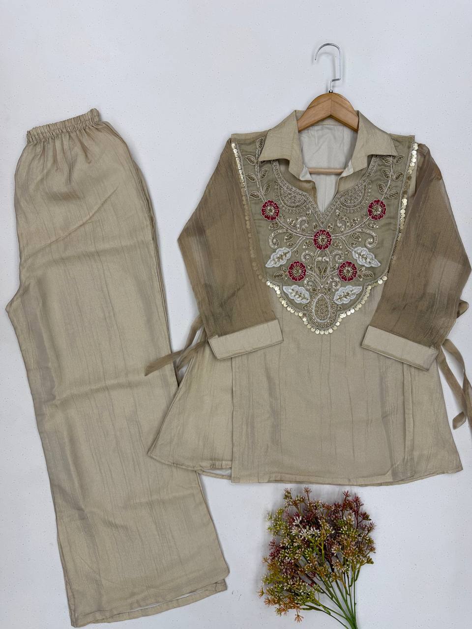 Beige Salsa Silk Sequin Co-ord Set, view 5