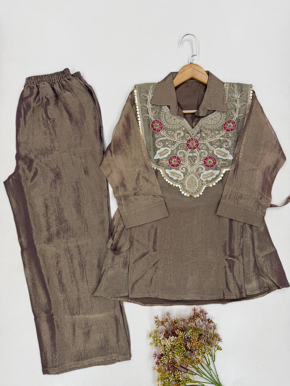 Taupe Brown Salsa Silk Sequin Co-ord Set
