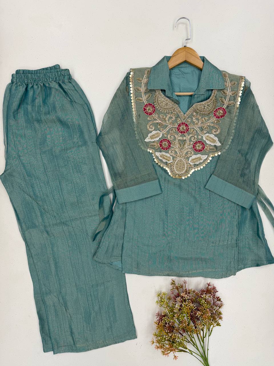 Teal Salsa Silk Sequin Co-ord Set