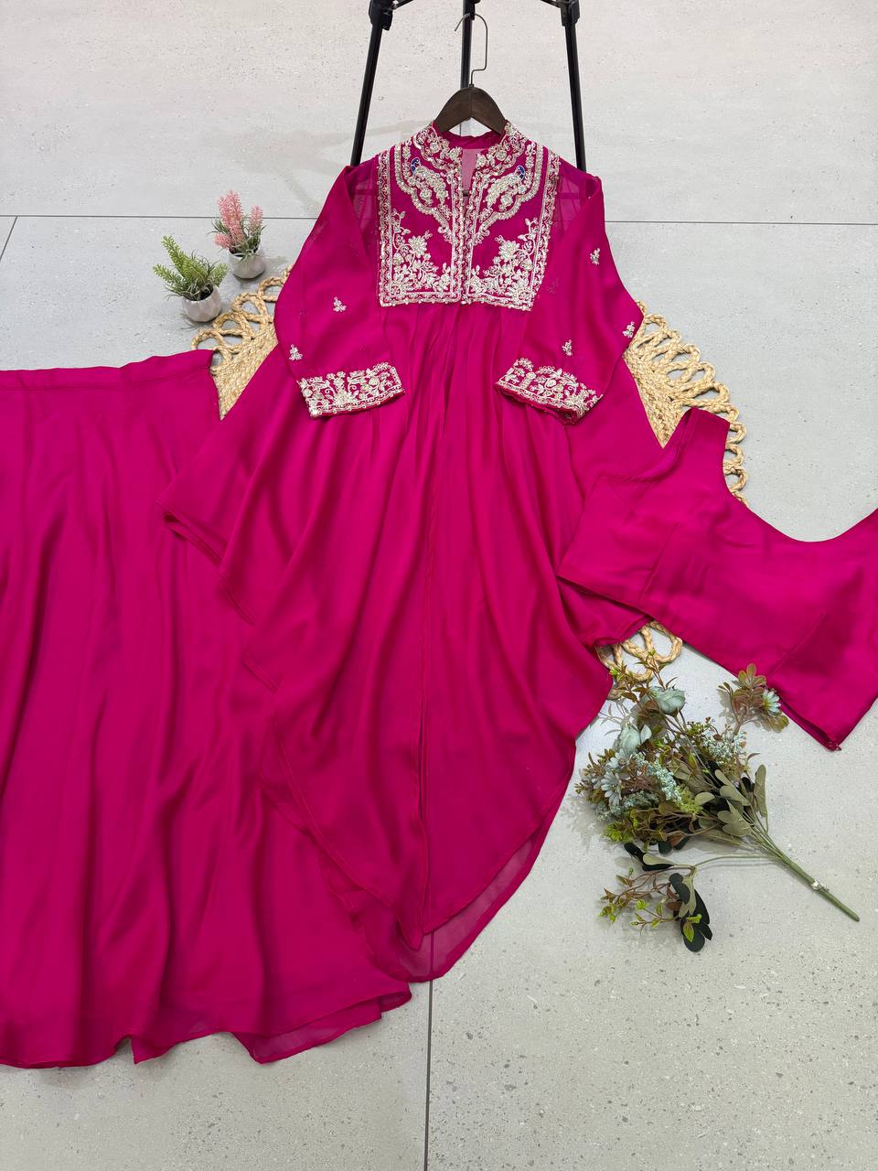 Rani Pink Rangoli Silk Sequin Indo-Western Set