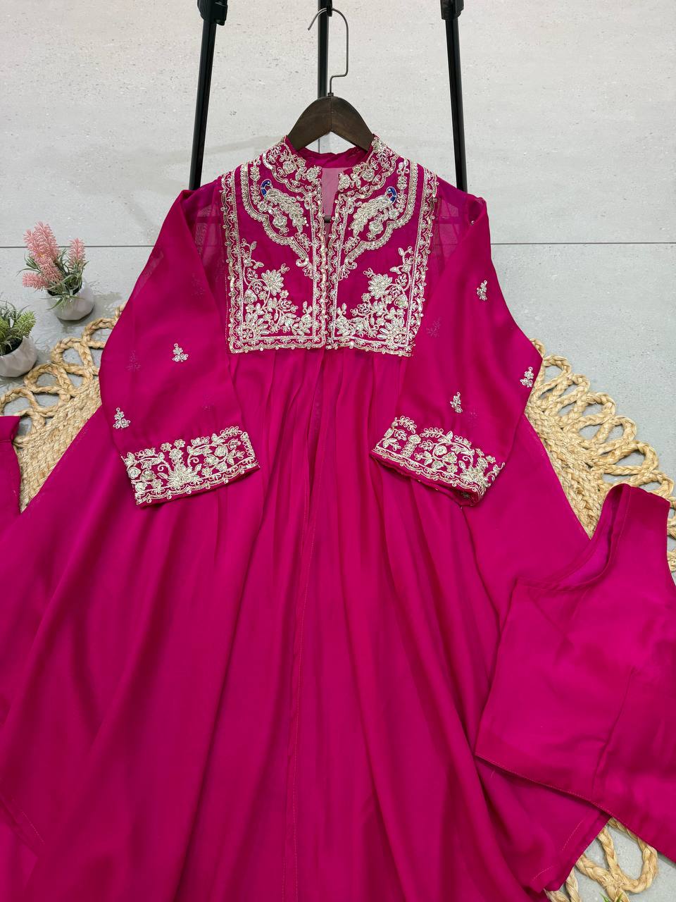 Rani Pink Rangoli Silk Sequin Indo-Western Set, view 2