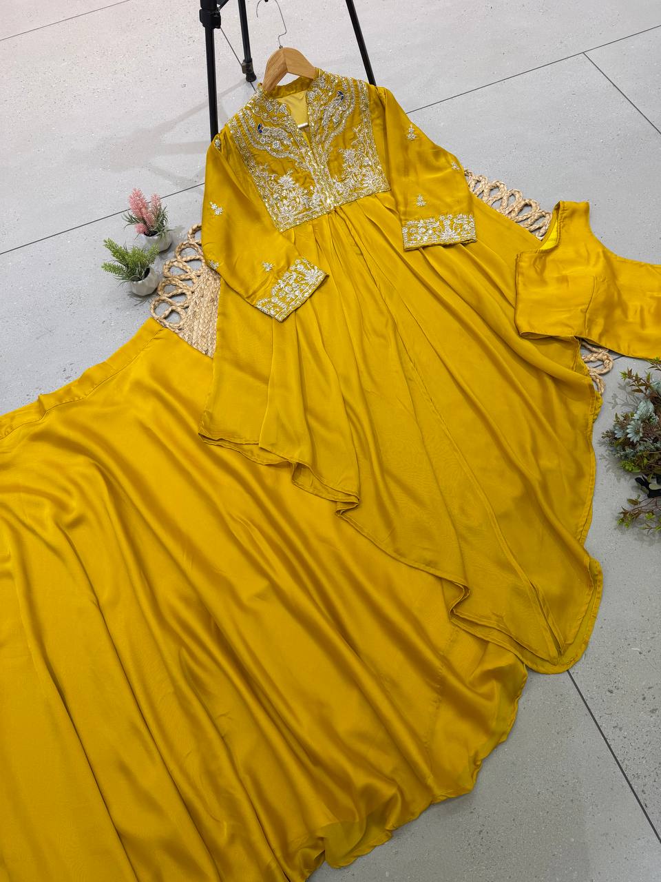 Mustard Yellow Rangoli Silk Sequin Indo-Western Set, view 2