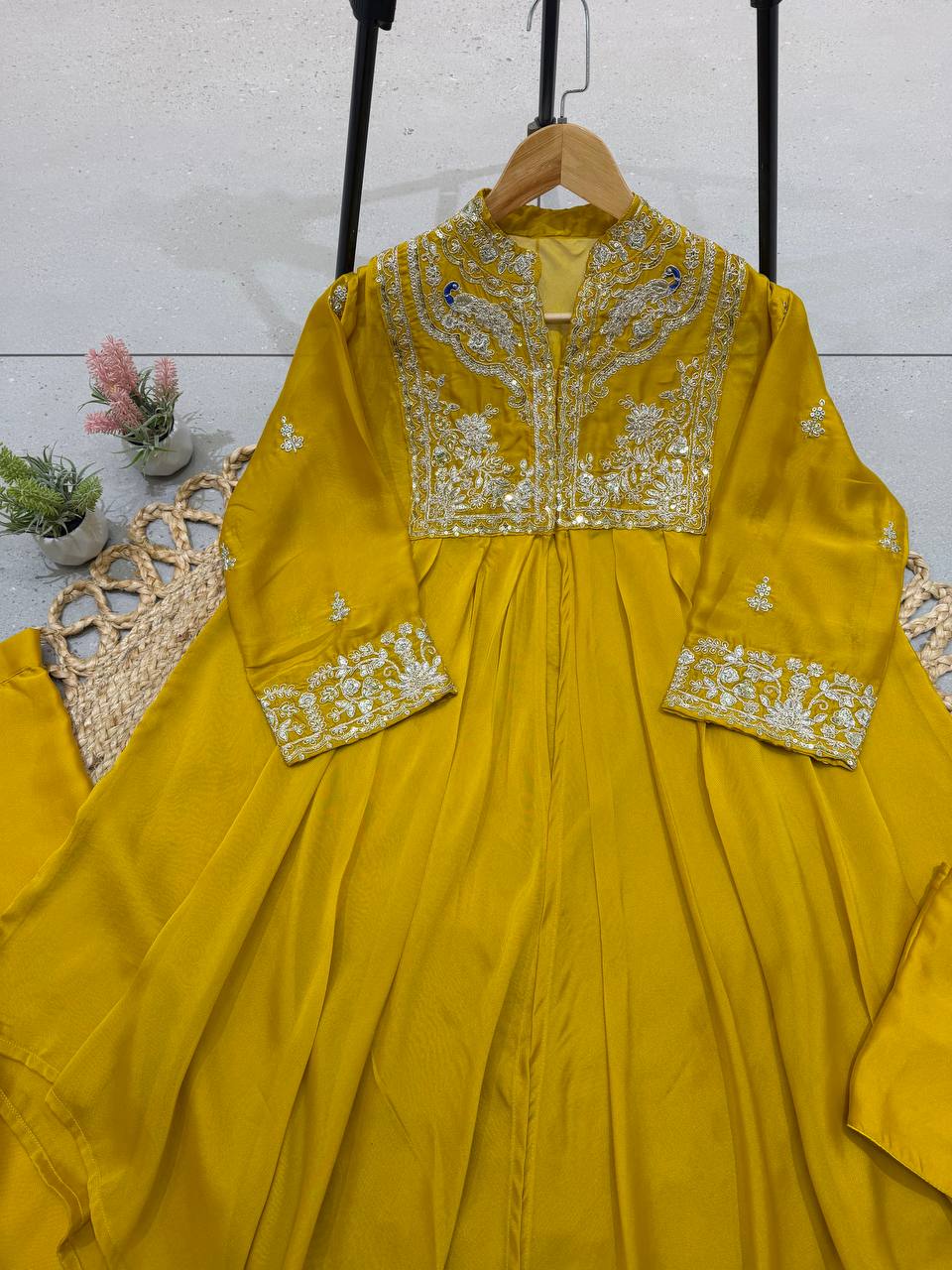 Mustard Yellow Rangoli Silk Sequin Indo-Western Set, view 3