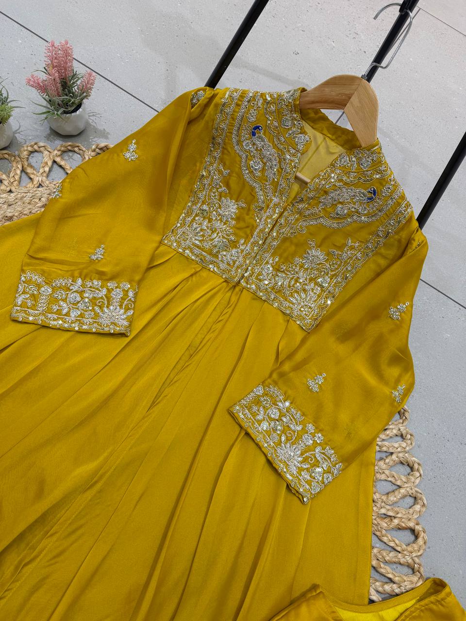 Mustard Yellow Rangoli Silk Sequin Indo-Western Set, view 4