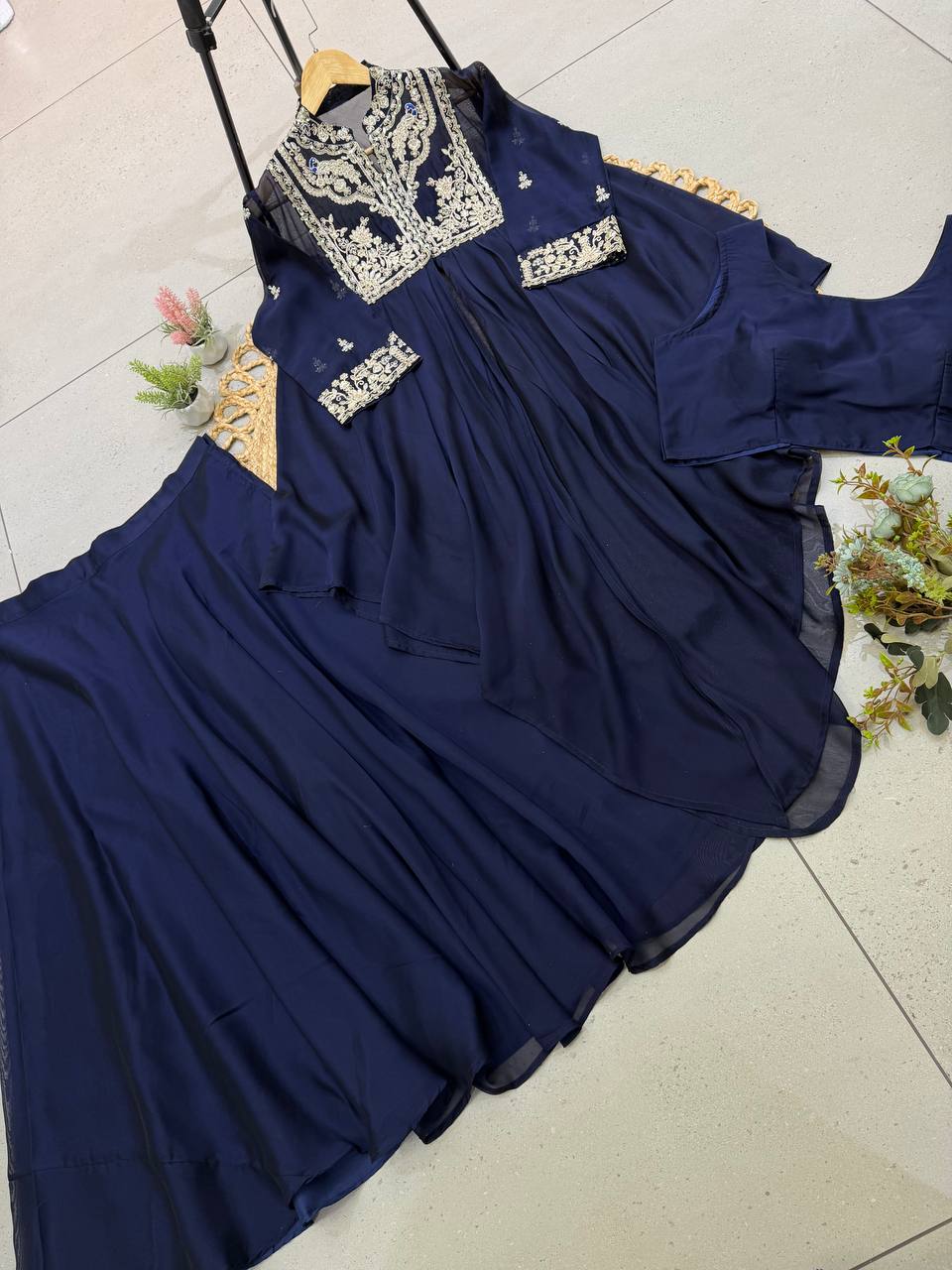 Navy Blue Rangoli Silk Sequin Indo-Western Set, view 2